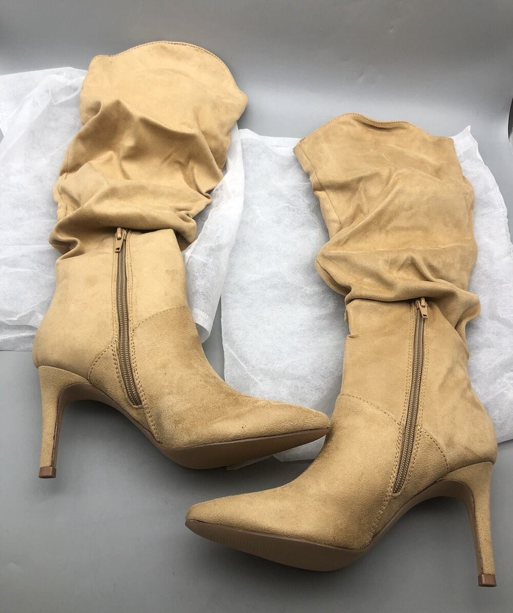 Women Knee High Boots Faux Suede Almond Toe Slouchy Side Zipper Booties 5.5 READ